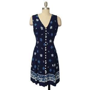 Vintage 90s Hawaiian Print Dress Size S M Blue Sleeveless Lace Up Coconut Girl